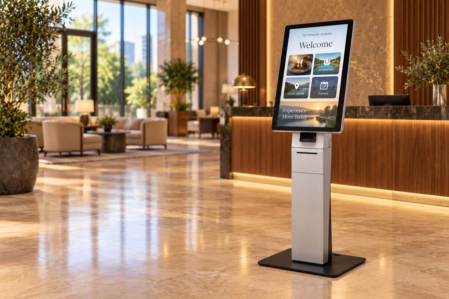 Silver CityPulse kiosk in a marble hotel lobby