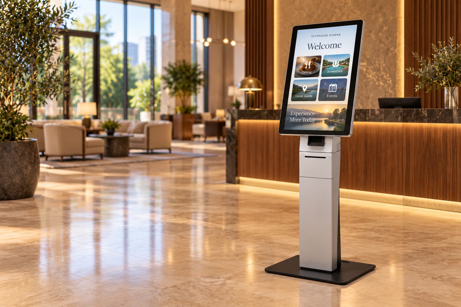 Silver CityPulse kiosk in a marble hotel lobby